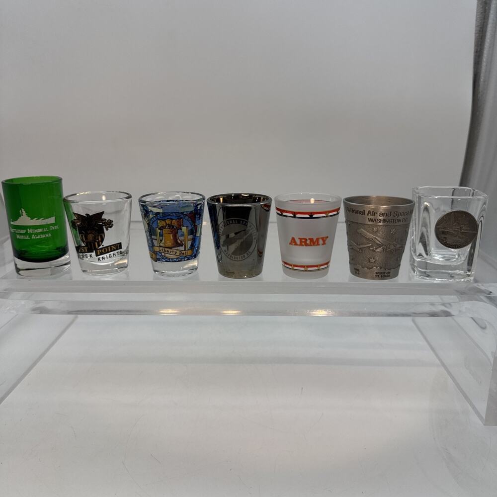 7 Military Shot Glasses Army, Battleship Memorial Park, West Point, Liberty Bell